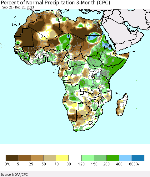 Africa Percent of Normal Precipitation 3-Month (CPC) Thematic Map For 9/21/2023 - 12/20/2023