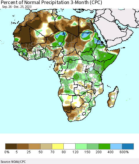 Africa Percent of Normal Precipitation 3-Month (CPC) Thematic Map For 9/26/2023 - 12/25/2023