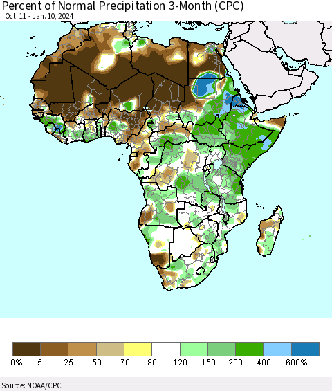 Africa Percent of Normal Precipitation 3-Month (CPC) Thematic Map For 10/11/2023 - 1/10/2024