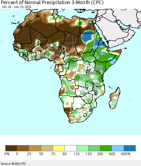Africa Percent of Normal Precipitation 3-Month (CPC) Thematic Map For 10/16/2023 - 1/15/2024