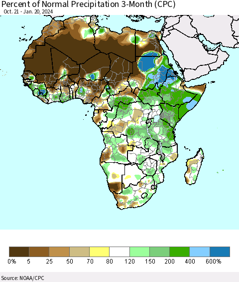 Africa Percent of Normal Precipitation 3-Month (CPC) Thematic Map For 10/21/2023 - 1/20/2024