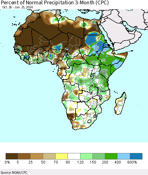 Africa Percent of Normal Precipitation 3-Month (CPC) Thematic Map For 10/26/2023 - 1/25/2024