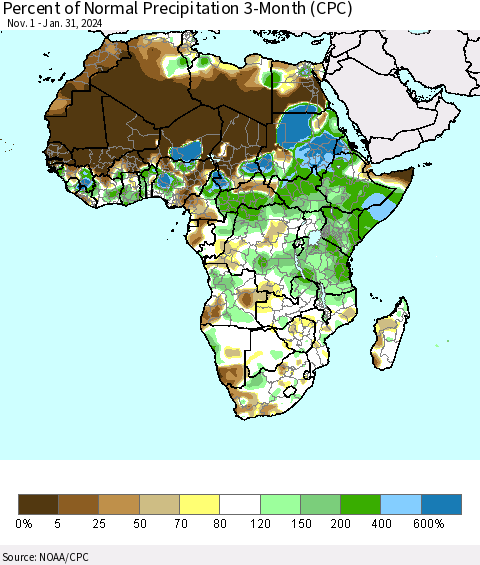 Africa Percent of Normal Precipitation 3-Month (CPC) Thematic Map For 11/1/2023 - 1/31/2024