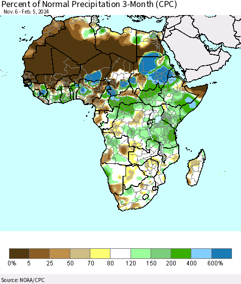 Africa Percent of Normal Precipitation 3-Month (CPC) Thematic Map For 11/6/2023 - 2/5/2024