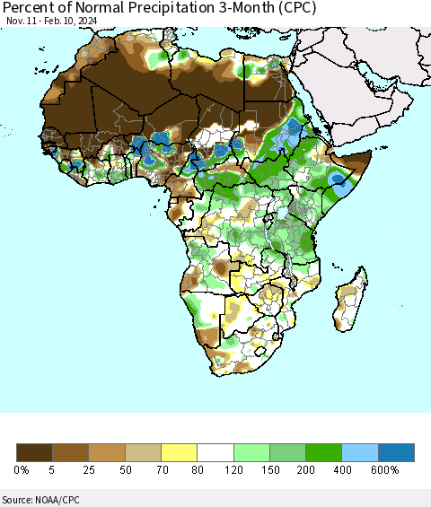 Africa Percent of Normal Precipitation 3-Month (CPC) Thematic Map For 11/11/2023 - 2/10/2024