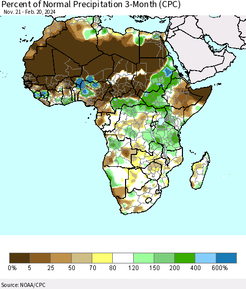 Africa Percent of Normal Precipitation 3-Month (CPC) Thematic Map For 11/21/2023 - 2/20/2024
