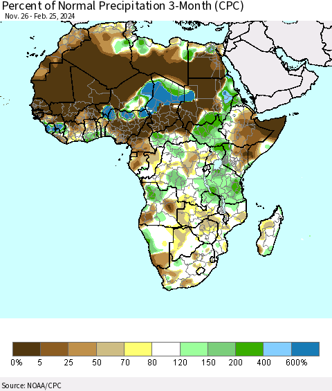 Africa Percent of Normal Precipitation 3-Month (CPC) Thematic Map For 11/26/2023 - 2/25/2024