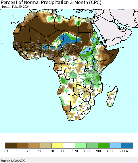 Africa Percent of Normal Precipitation 3-Month (CPC) Thematic Map For 12/1/2023 - 2/29/2024
