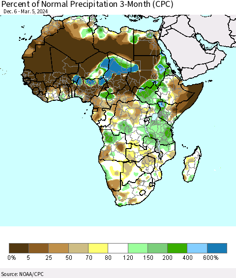 Africa Percent of Normal Precipitation 3-Month (CPC) Thematic Map For 12/6/2023 - 3/5/2024
