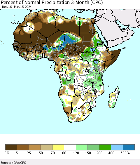 Africa Percent of Normal Precipitation 3-Month (CPC) Thematic Map For 12/16/2023 - 3/15/2024