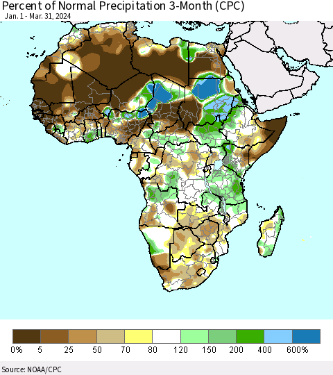 Africa Percent of Normal Precipitation 3-Month (CPC) Thematic Map For 1/1/2024 - 3/31/2024