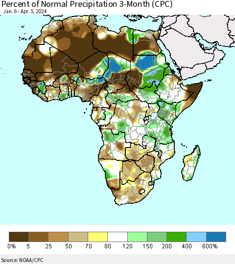 Africa Percent of Normal Precipitation 3-Month (CPC) Thematic Map For 1/6/2024 - 4/5/2024