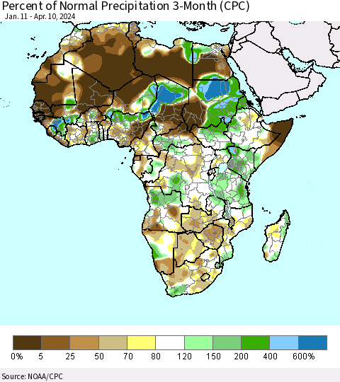 Africa Percent of Normal Precipitation 3-Month (CPC) Thematic Map For 1/11/2024 - 4/10/2024