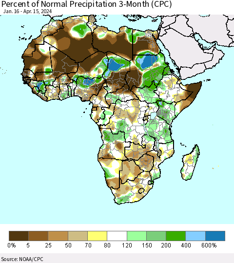 Africa Percent of Normal Precipitation 3-Month (CPC) Thematic Map For 1/16/2024 - 4/15/2024