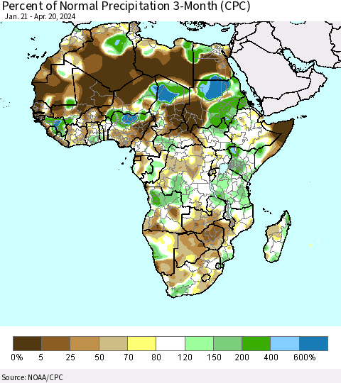 Africa Percent of Normal Precipitation 3-Month (CPC) Thematic Map For 1/21/2024 - 4/20/2024