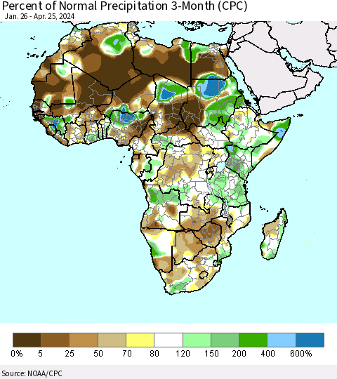 Africa Percent of Normal Precipitation 3-Month (CPC) Thematic Map For 1/26/2024 - 4/25/2024
