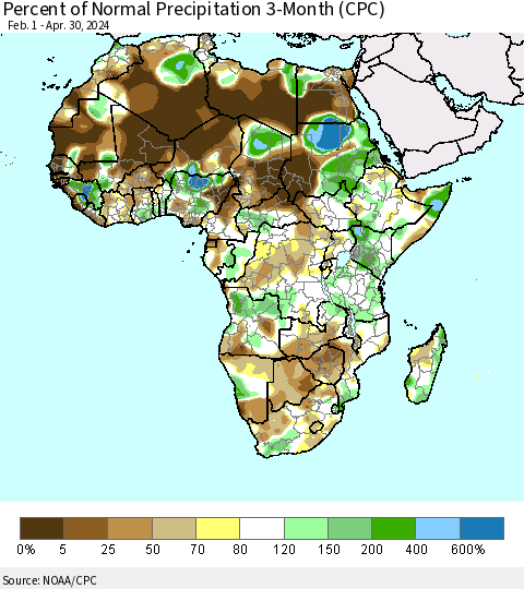 Africa Percent of Normal Precipitation 3-Month (CPC) Thematic Map For 2/1/2024 - 4/30/2024