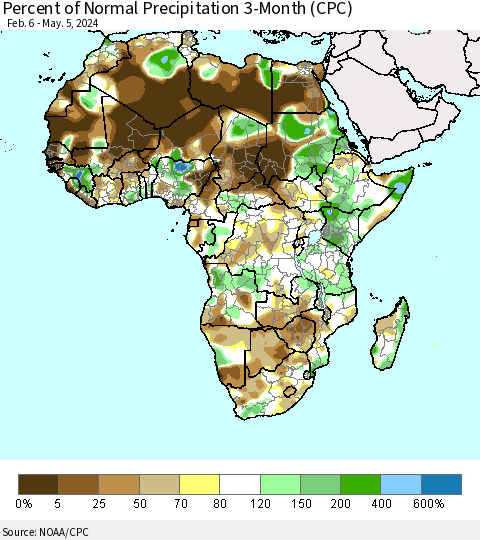 Africa Percent of Normal Precipitation 3-Month (CPC) Thematic Map For 2/6/2024 - 5/5/2024