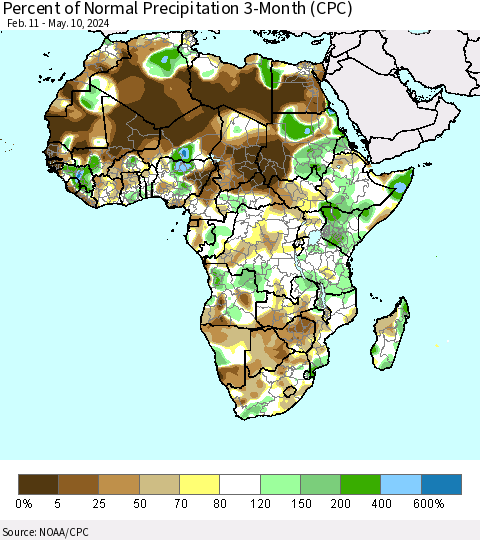 Africa Percent of Normal Precipitation 3-Month (CPC) Thematic Map For 2/11/2024 - 5/10/2024