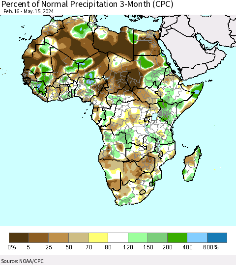 Africa Percent of Normal Precipitation 3-Month (CPC) Thematic Map For 2/16/2024 - 5/15/2024