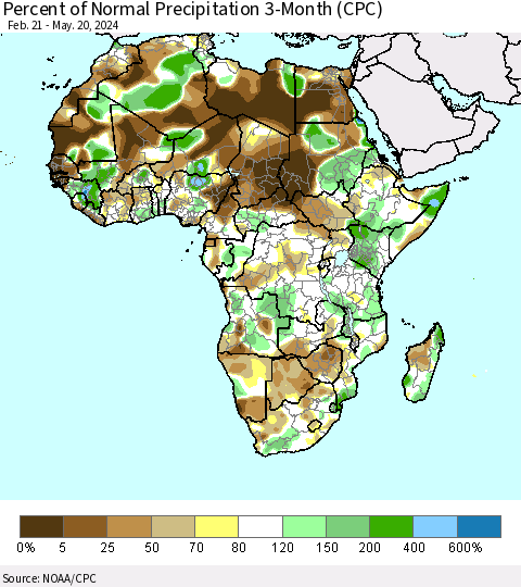 Africa Percent of Normal Precipitation 3-Month (CPC) Thematic Map For 2/21/2024 - 5/20/2024