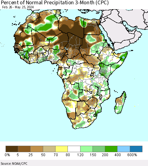Africa Percent of Normal Precipitation 3-Month (CPC) Thematic Map For 2/26/2024 - 5/25/2024