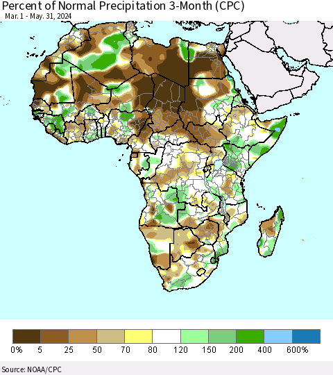 Africa Percent of Normal Precipitation 3-Month (CPC) Thematic Map For 3/1/2024 - 5/31/2024