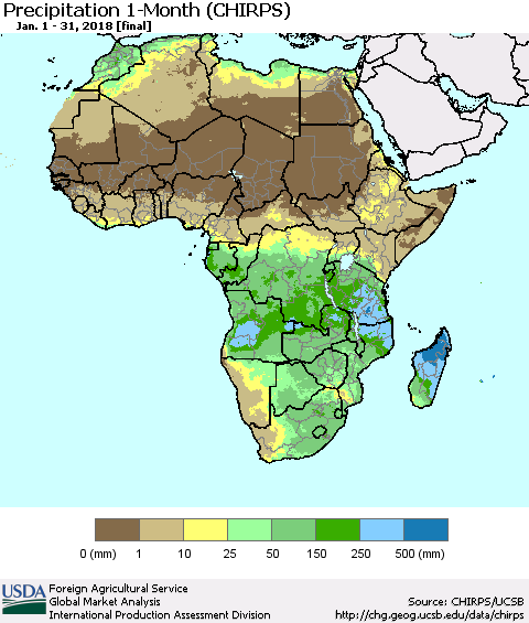 Africa Precipitation 1-Month (CHIRPS) Thematic Map For 1/1/2018 - 1/31/2018