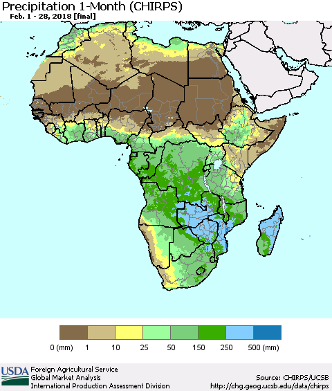Africa Precipitation 1-Month (CHIRPS) Thematic Map For 2/1/2018 - 2/28/2018
