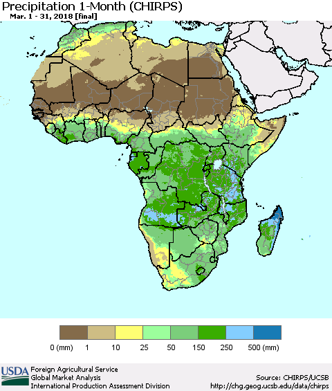 Africa Precipitation 1-Month (CHIRPS) Thematic Map For 3/1/2018 - 3/31/2018