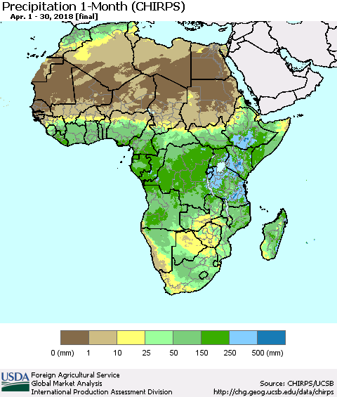 Africa Precipitation 1-Month (CHIRPS) Thematic Map For 4/1/2018 - 4/30/2018