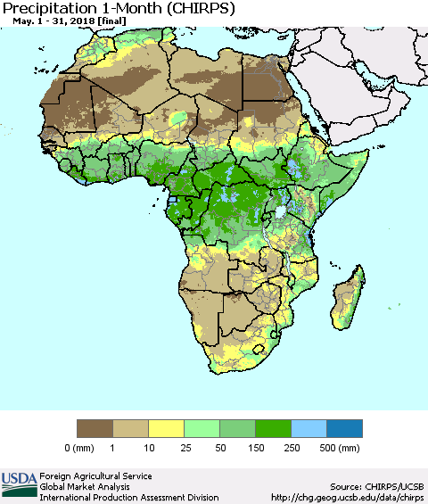 Africa Precipitation 1-Month (CHIRPS) Thematic Map For 5/1/2018 - 5/31/2018