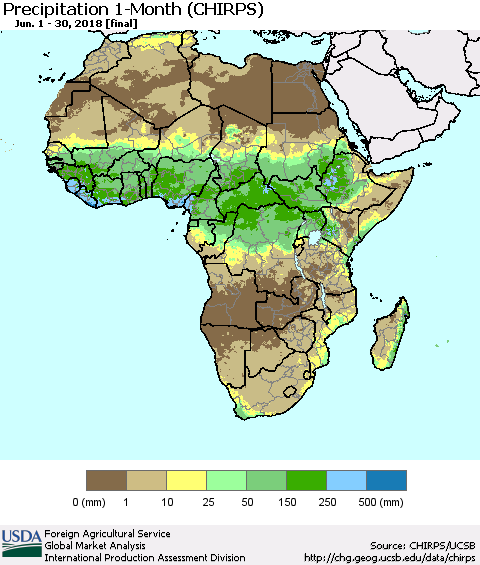 Africa Precipitation 1-Month (CHIRPS) Thematic Map For 6/1/2018 - 6/30/2018