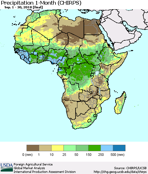 Africa Precipitation 1-Month (CHIRPS) Thematic Map For 9/1/2018 - 9/30/2018