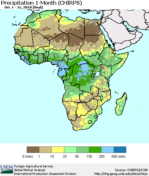Africa Precipitation 1-Month (CHIRPS) Thematic Map For 10/1/2018 - 10/31/2018