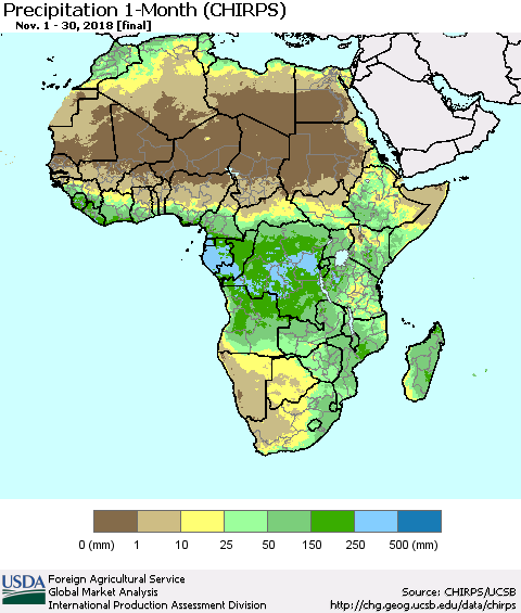Africa Precipitation 1-Month (CHIRPS) Thematic Map For 11/1/2018 - 11/30/2018
