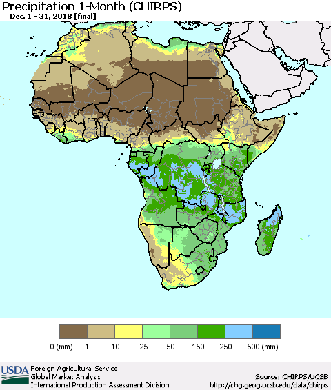 Africa Precipitation 1-Month (CHIRPS) Thematic Map For 12/1/2018 - 12/31/2018