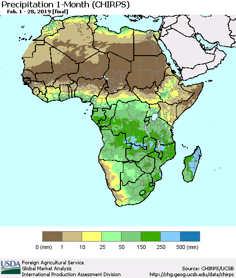 Africa Precipitation 1-Month (CHIRPS) Thematic Map For 2/1/2019 - 2/28/2019