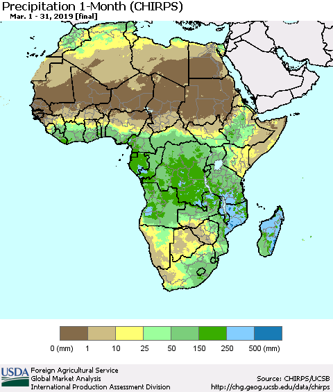 Africa Precipitation 1-Month (CHIRPS) Thematic Map For 3/1/2019 - 3/31/2019