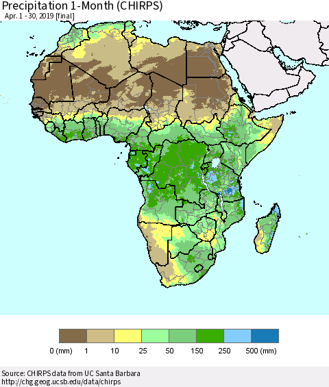 Africa Precipitation 1-Month (CHIRPS) Thematic Map For 4/1/2019 - 4/30/2019