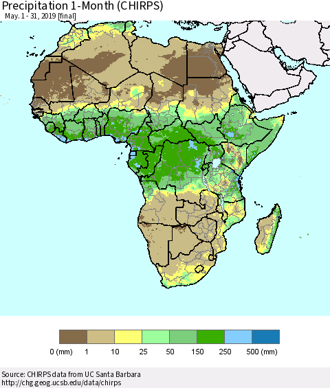 Africa Precipitation 1-Month (CHIRPS) Thematic Map For 5/1/2019 - 5/31/2019