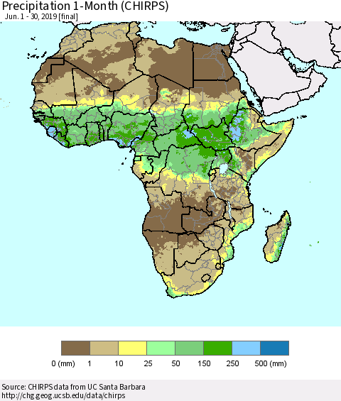 Africa Precipitation 1-Month (CHIRPS) Thematic Map For 6/1/2019 - 6/30/2019