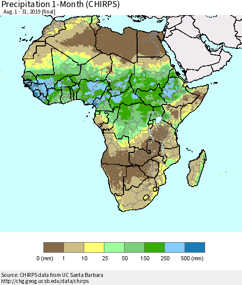 Africa Precipitation 1-Month (CHIRPS) Thematic Map For 8/1/2019 - 8/31/2019