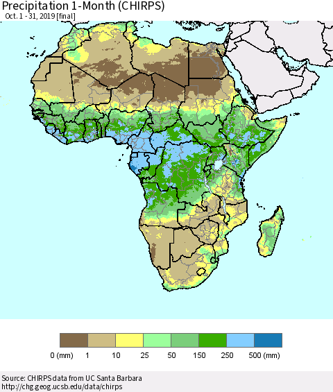 Africa Precipitation 1-Month (CHIRPS) Thematic Map For 10/1/2019 - 10/31/2019