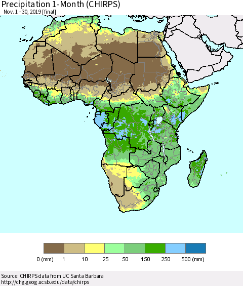 Africa Precipitation 1-Month (CHIRPS) Thematic Map For 11/1/2019 - 11/30/2019