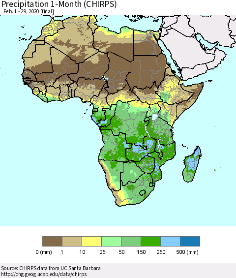 Africa Precipitation 1-Month (CHIRPS) Thematic Map For 2/1/2020 - 2/29/2020