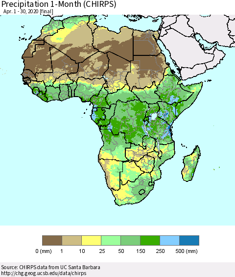 Africa Precipitation 1-Month (CHIRPS) Thematic Map For 4/1/2020 - 4/30/2020