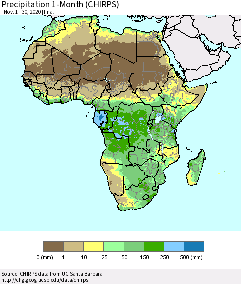 Africa Precipitation 1-Month (CHIRPS) Thematic Map For 11/1/2020 - 11/30/2020