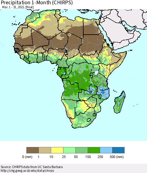 Africa Precipitation 1-Month (CHIRPS) Thematic Map For 3/1/2021 - 3/31/2021