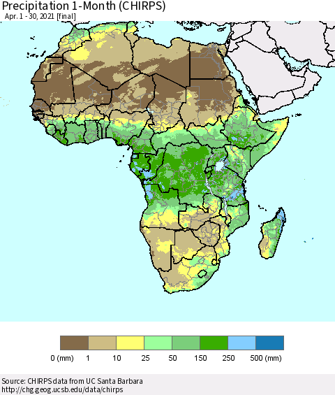 Africa Precipitation 1-Month (CHIRPS) Thematic Map For 4/1/2021 - 4/30/2021